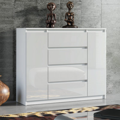 Chest Of Drawers Cabinet Cupboard Bedroom - White Gloss 4 Drawers 2 Doors