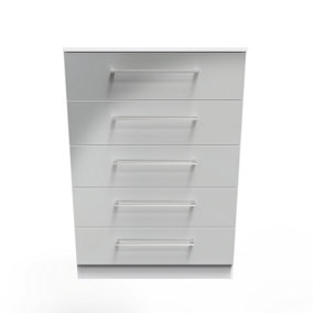 Chester 5 Drawer Chest in Uniform Grey Gloss & White (Ready Assembled)