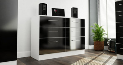 Chester 6 Drawer Wide Chest in Black Gloss & White (Ready Assembled)