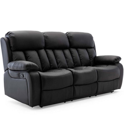 Chester Manual High Back Luxury Bond Grade Leather Recliner 3 Seater Sofa (Black)