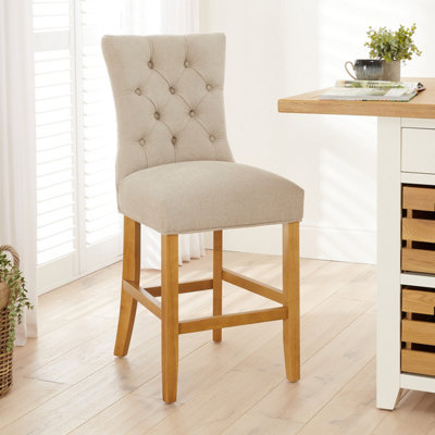 Chester Natural Oatmeal Fabric Button Back Bar Stool Natural Oak Legs ...