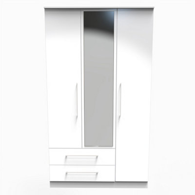 Chester Triple Mirror Wardrobe with 2 Drawers in White Gloss (Ready