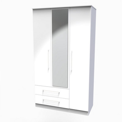 Chester Triple Mirror Wardrobe with 2 Drawers in White Gloss (Ready Assembled)