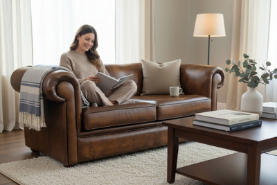 Chesterfield 1930's 3 Seater Antique Tan Leather Sofa Settee In Classic ...