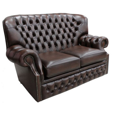 Chesterfield 2 Seater Antique Brown Leather Sofa Bespoke In Monks Style