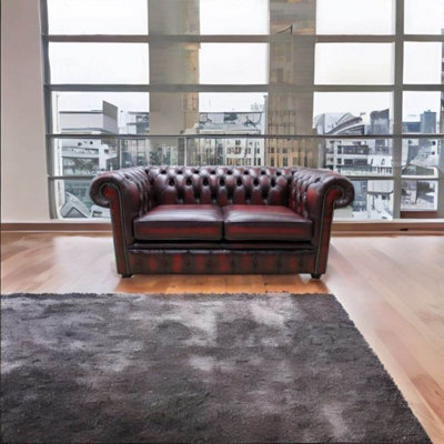 Chesterfield 2 Seater Antique Oxblood Real Leather Tufted Buttoned Sofa ...