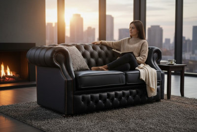 Chesterfield 2 Seater Shelly Black Real Leather Sofa Bespoke In ...