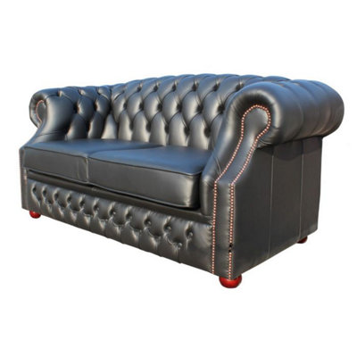 Chesterfield 2 Seater Shelly Black Real Leather Sofa Bespoke In ...