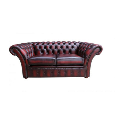 Chesterfield 2 Seater Sofa Settee Antique Oxblood Red Real Leather In ...