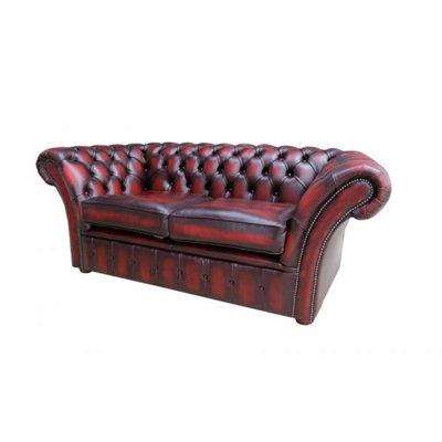 Chesterfield 2 Seater Sofa Settee Antique Oxblood Red Real Leather In ...