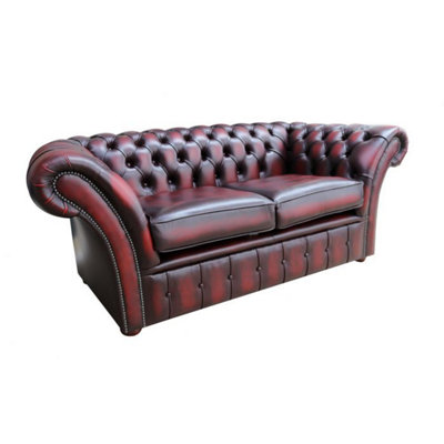 Chesterfield 2 Seater Sofa Settee Antique Oxblood Red Real Leather In ...