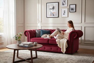 Chesterfield 2 Seater Sofa Settee Pimlico Wine Red Fabric In Classic Style