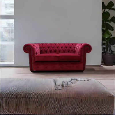 Chesterfield 2 Seater Sofa Settee Pimlico Wine Red Fabric In Classic Style