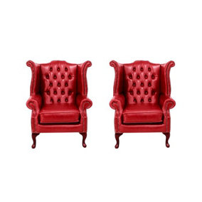 Chesterfield 2 x Chairs Old English Gamay Red Leather Chairs Offer In Queen Anne Style