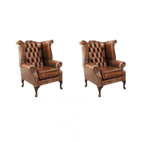 Chesterfield 2 x High Back Chairs Antique Tan Leather Bespoke In Queen Anne Style
