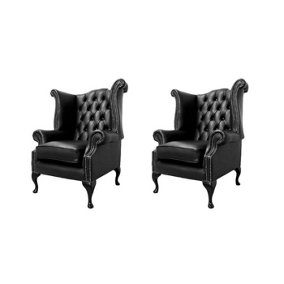 Chesterfield 2 x High Back Chairs Old English Black Leather Bespoke In Queen Anne Style