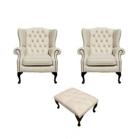 Chesterfield 2 x Wing Chair + Footstool Cottonseed Cream Leather In Mallory Style
