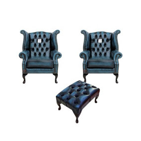 Chesterfield 2 x Wing Chairs + Footstool Antique Blue Leather In Queen Anne Style