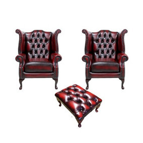 Chesterfield 2 x Wing Chairs + Footstool Antique Oxblood Leather In Queen Anne Style