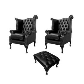 Chesterfield 2 x Wing Chairs + Footstool Old English Black Leather In Queen Anne Style
