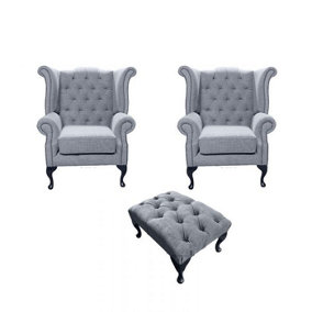 Chesterfield 2 x Wing Chairs + Footstool Verity Plain Steel Fabric In Queen Anne Style