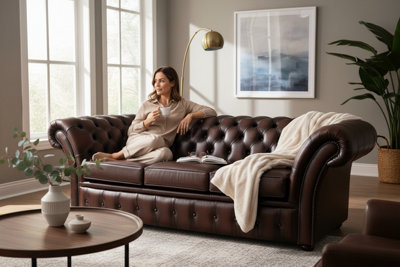 Chesterfield 3 Seater Antique Brown Leather Sofa Bespoke In Balmoral Style