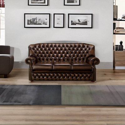 Chesterfield 3 Seater Antique Brown Leather Sofa Bespoke In Monks Style
