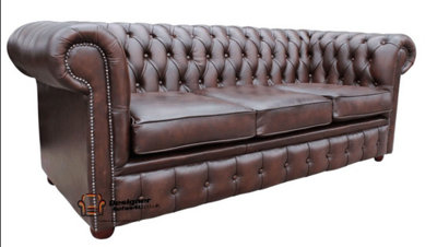 Chesterfield 3 Seater Antique Brown Leather Sofa In Classic Style