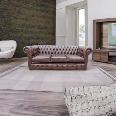 Chesterfield 3 Seater Antique Brown Leather Sofa In Classic Style