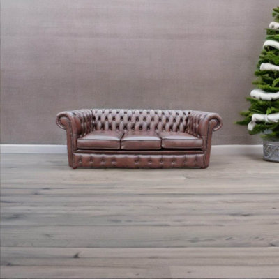 Chesterfield 3 Seater Antique Brown Leather Sofa In Classic Style