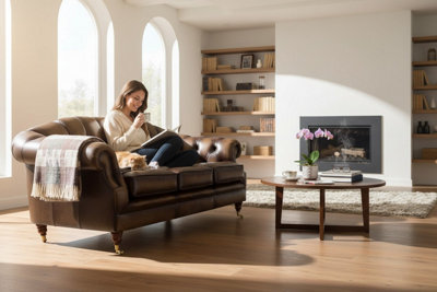 Chesterfield 3 Seater Antique Brown Leather Sofa Settee In Victoria Style
