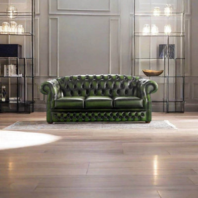 Chesterfield 3 Seater Antique Green Leather Sofa Bespoke In Buckingham ...