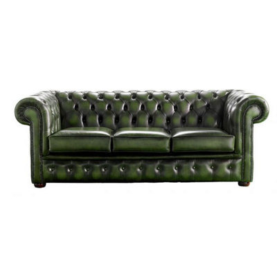 Chesterfield 3 Seater Antique Green Leather Sofa Bespoke In Classic Style