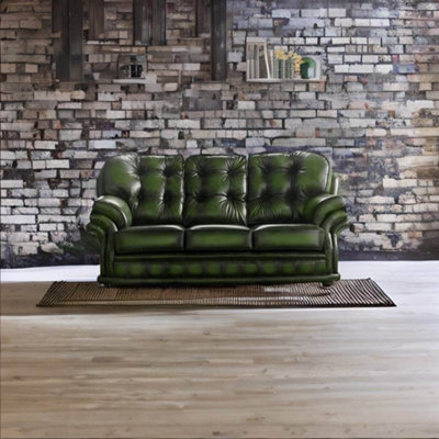 Chesterfield 3 Seater Antique Green Leather Sofa Bespoke In ...