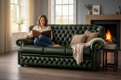 Chesterfield 3 Seater Antique Green Leather Sofa Bespoke In Monks Style