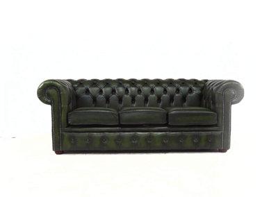 Chesterfield 3 Seater Antique Green Leather Sofa In Classic Style