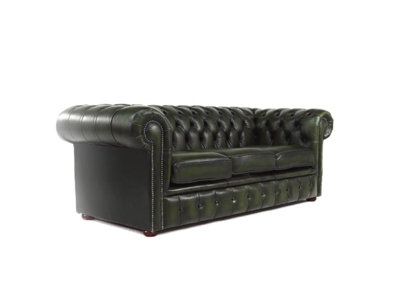 Chesterfield 3 Seater Antique Green Leather Sofa In Classic Style