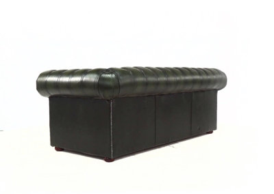 Chesterfield 3 Seater Antique Green Leather Sofa In Classic Style