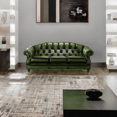 Chesterfield 3 Seater Antique Green Leather Sofa Settee In Victoria Style