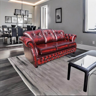 Chesterfield 3 Seater Antique Oxblood Red Leather Sofa Settee In Era Style