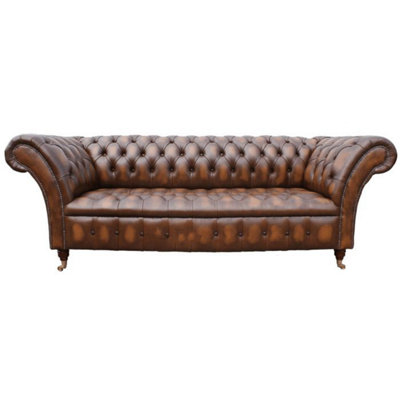 Chesterfield 3 Seater Antique Tan Leather Button Seat Sofa Settee In ...
