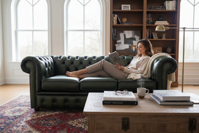 Chesterfield 3 Seater Antiquen Green Real Leather Tufted Buttoned Sofa ...