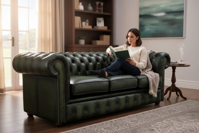 Chesterfield 3 Seater Antiquen Green Real Leather Tufted Buttoned Sofa ...