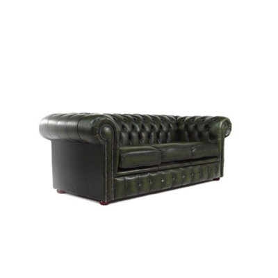 Chesterfield 3 Seater Antiquen Green Real Leather Tufted Buttoned Sofa ...