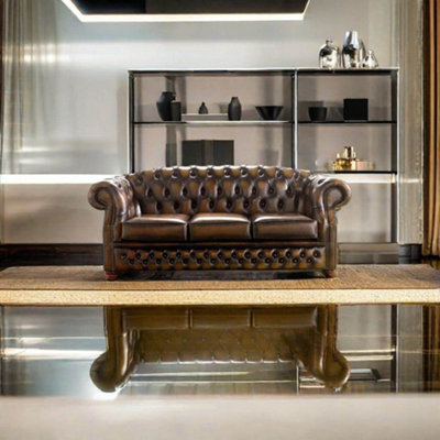 Chesterfield 3 Seater Autumn Tan Leather Sofa Bespoke In Buckingham Style