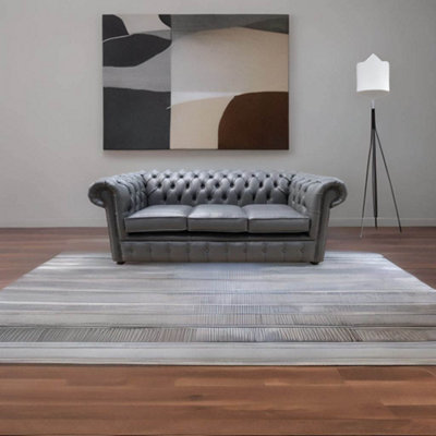 Chesterfield 3 Seater Bonded Grey Leather Sofa Bespoke In Classic Style