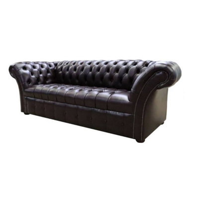Chesterfield 3 Seater Buttoned Seat Leather Sofa Antique Brown In ...