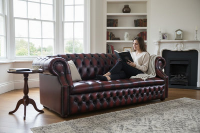 Chesterfield 3 Seater Buttoned Seat Sofa Antique Oxblood Leather In ...