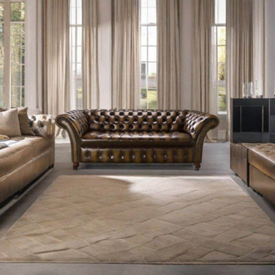 Chesterfield 3 Seater Buttoned Seat Sofa Antique Tan Real Leather In ...