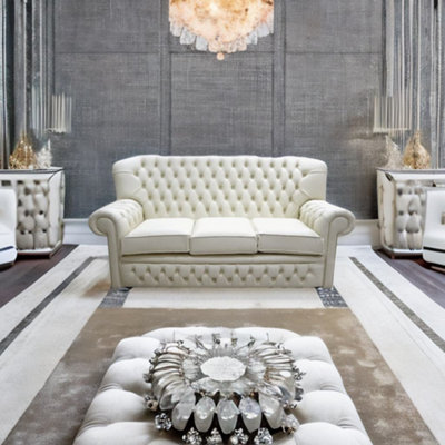 Chesterfield 3 Seater Cottonseed Cream Leather Sofa Bespoke In Monks Style